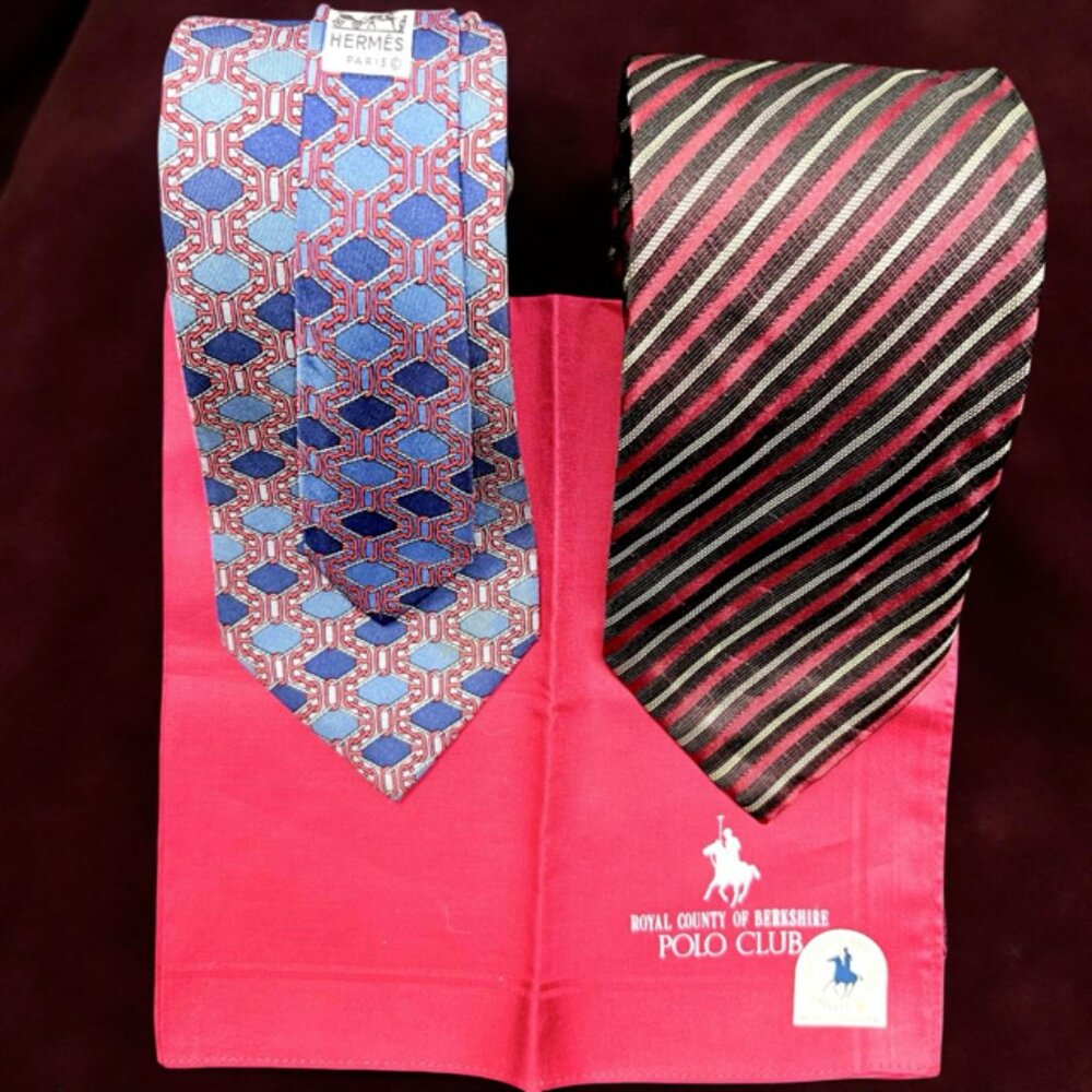 Set Necktie Silk : Hermes Paris & Luciano Pestug +1 Polo Club Handkerchie 17"(50